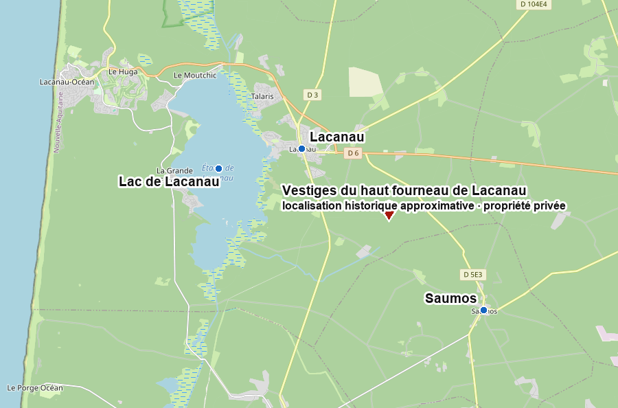 Localisation historique approximative des vestiges du haut fourneau dans la forêt de Lacanau