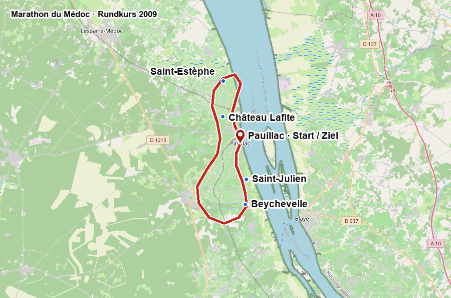 Historischer Rundkurs des Médoc-Marathons 2009 mit Start und Ziel in Pauillac