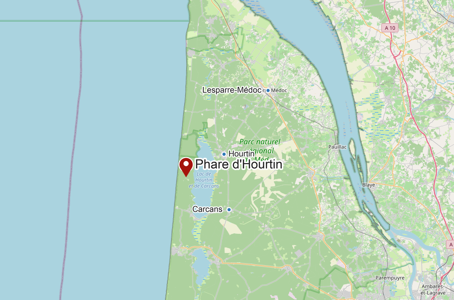 Localisation des phares d’Hourtin entre l’Atlantique et le lac d’Hourtin