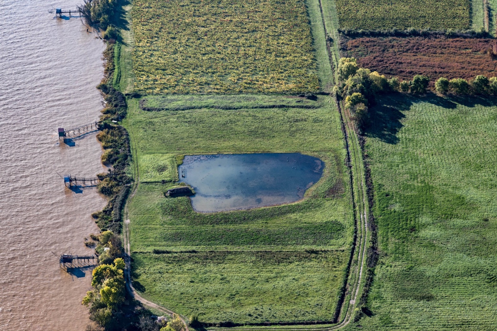 Rives de la Gironde avec carrelets, prairies et plans d’eau vues du ciel